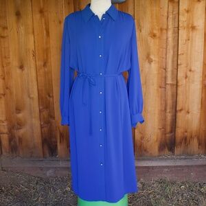 Vintage I. Magnin Blue Long Sleeve Midi Shirt Dress Jewel Buttons Woman's Size L
